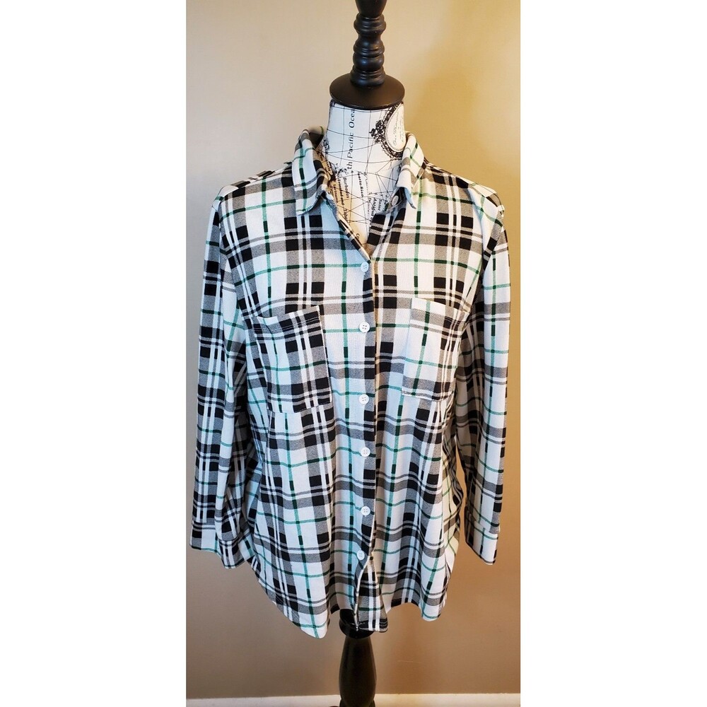 By Design XL Plaid Button Down Blouse Black White Green Stretch Career Casual To